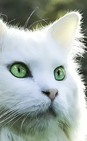 Weiße flauschige Katze mit grünen Augen
