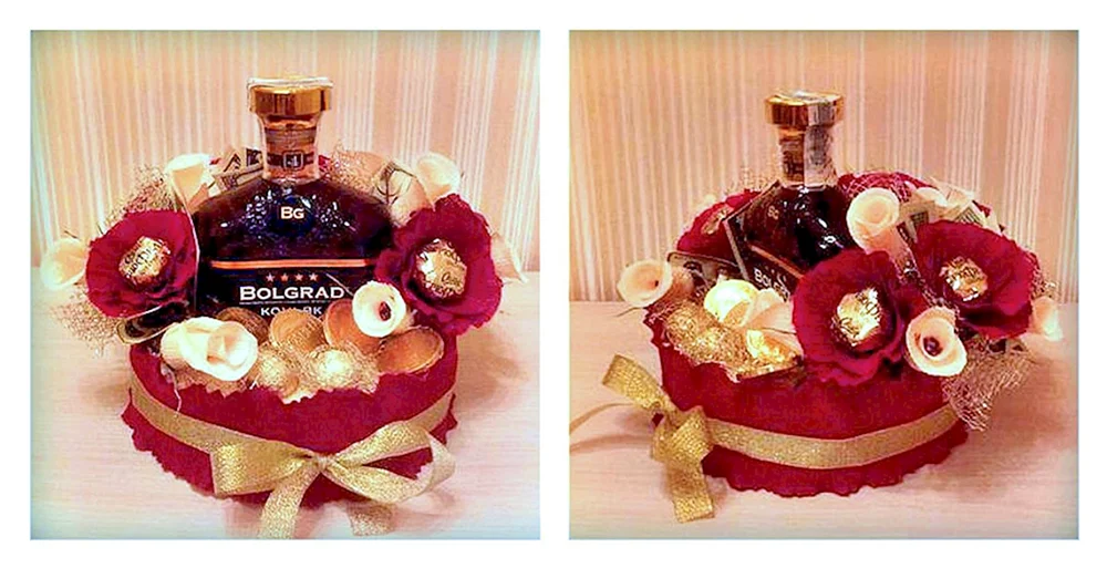 Bouquet aus Bonbons mit einer Flasche Cognac