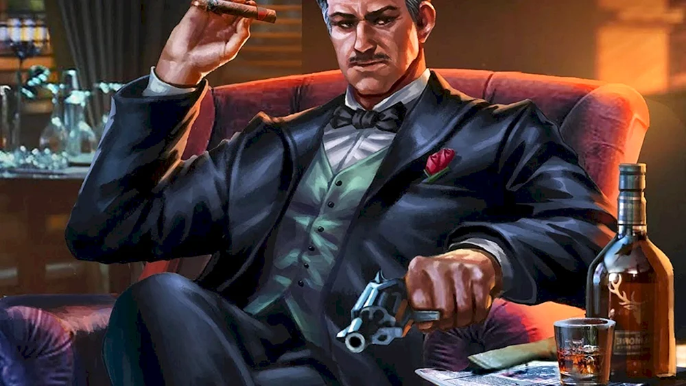 Don Corleone mit einer Zigarre und Whiskey