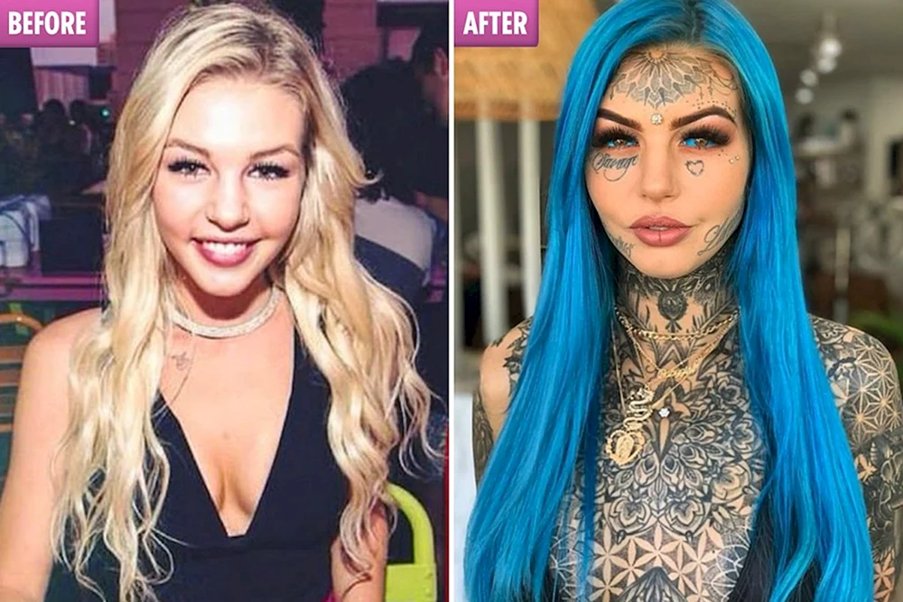 Mädchen mit Reißzähnen und Tattoos Foto