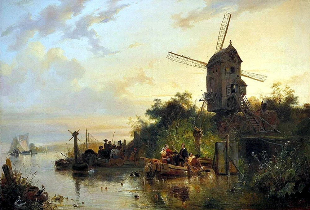 Flämische Landschaft mit Mühle 17. Jahrhundert Malerei