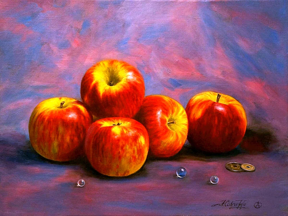 Äpfel auf rotem Hintergrund von Petrov- Vodkin