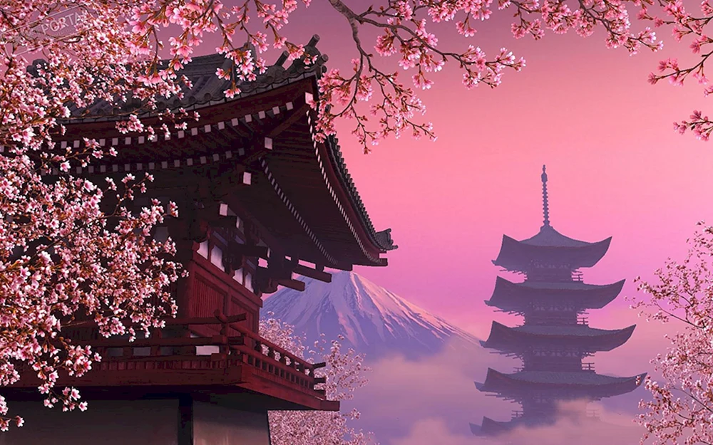 Japanische Pagode und Sakura-Blüte Hintergrund Chinesischer Stil