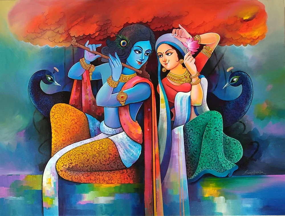 Indische Malerei von Krishna und Radha
