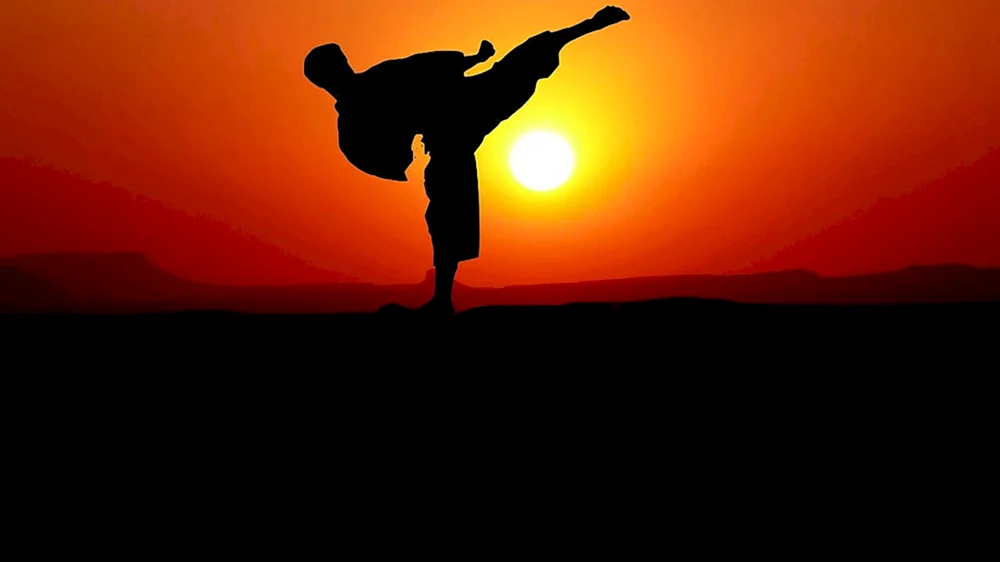 Karate Mann auf weißem Hintergrund Sonnenuntergangshintergrund