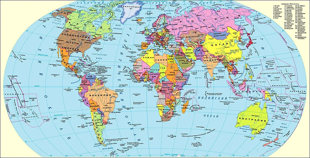 Weltkarte mit Länder- und Städtenamen in Russisch