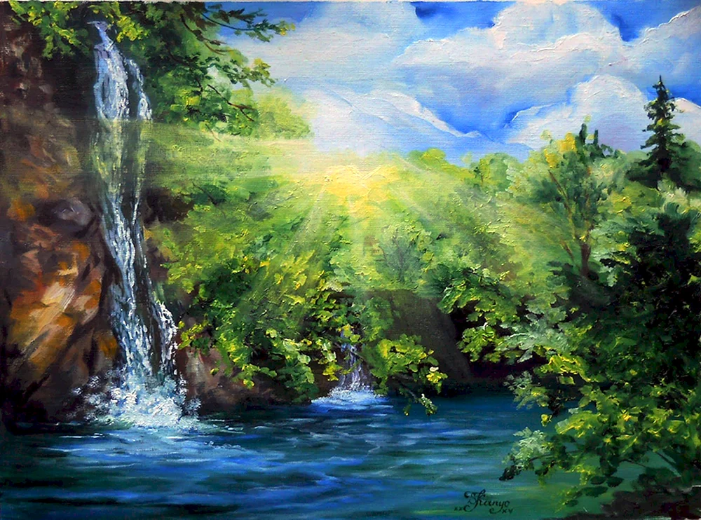 Wasserfall in Ölgemälde