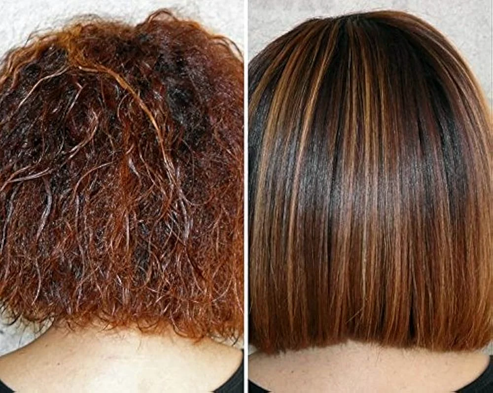 Keratin-Haarglättung für kurzes Haar vor und nach