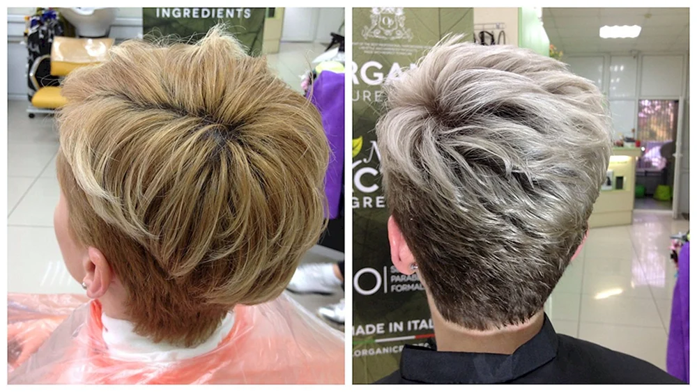 Kurzer Haarschnitt auf gebleichtem Haar