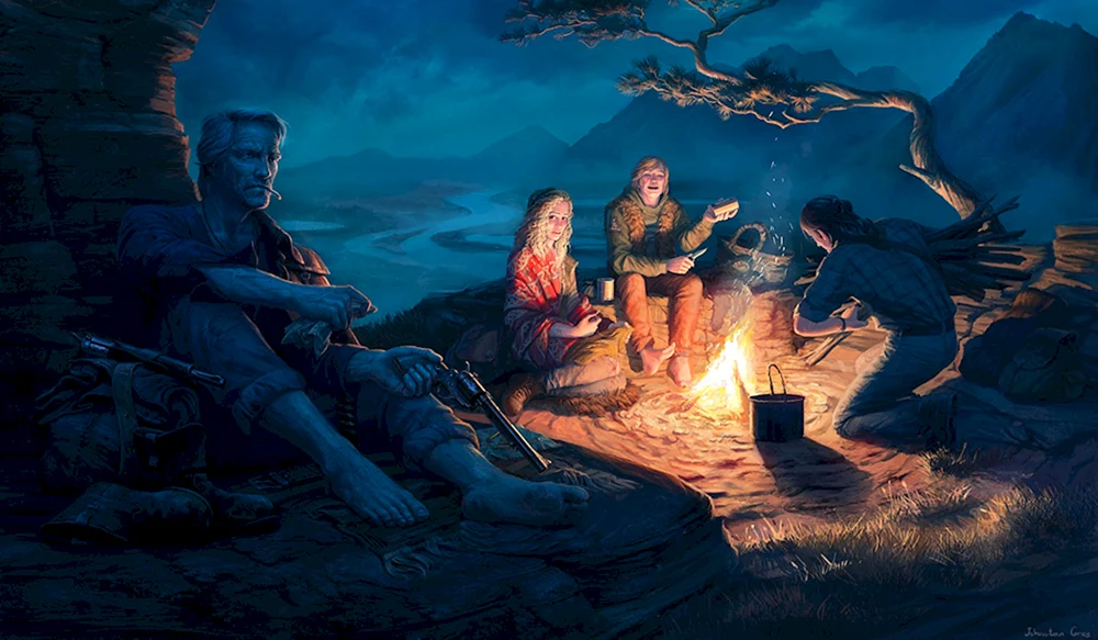 Sitzen am Feuer. Lagerfeuer