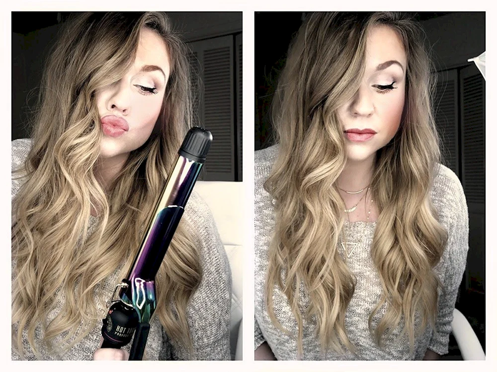Bio-Locken auf einem Bob mit einem Glätteisen. mittleres Haar
