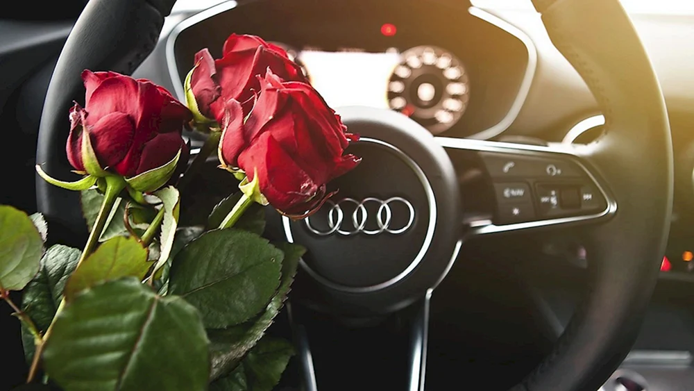 Ein Blumenstrauß im Auto