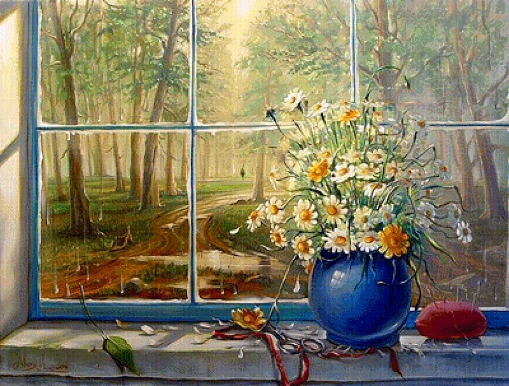 Mikhail Gorban Herbstfenster Blumenmalerei
