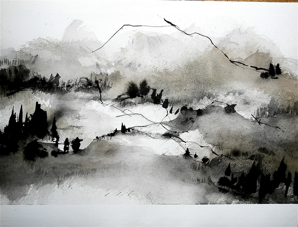 Monochrome Landschaft in Aquarell