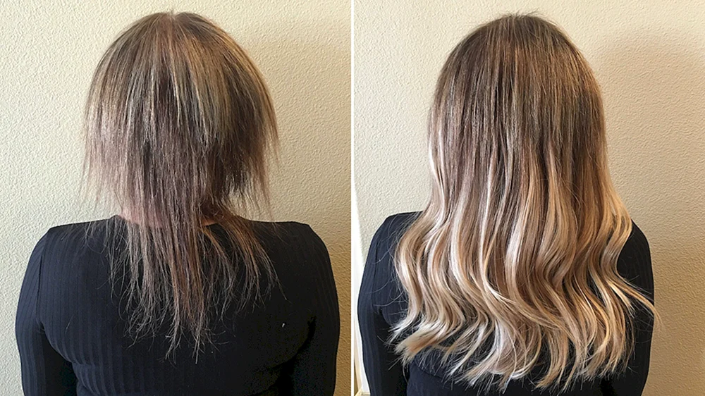 Vor und nach Haarverlängerungen