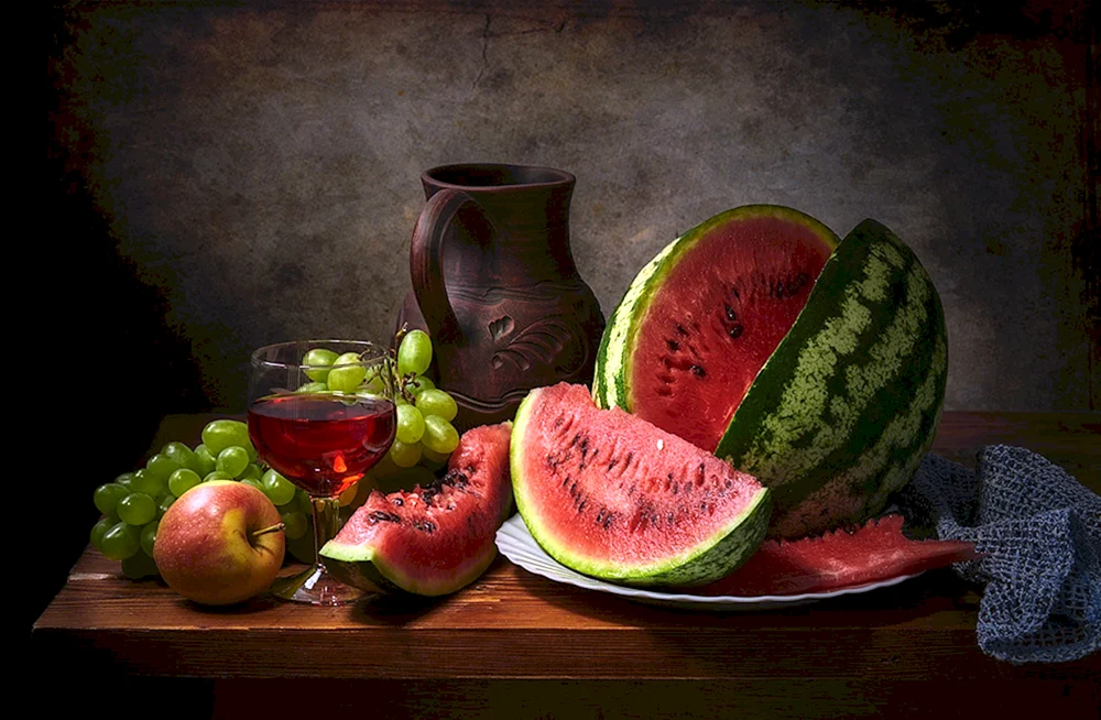 Stilleben Wassermelone Weintrauben Krug Olga Bazanova