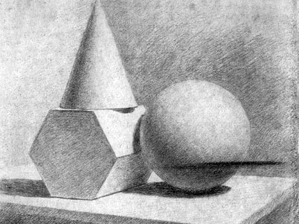 Stilleben von geometrischen Formen Würfel Kegel Kugel Grafiken.