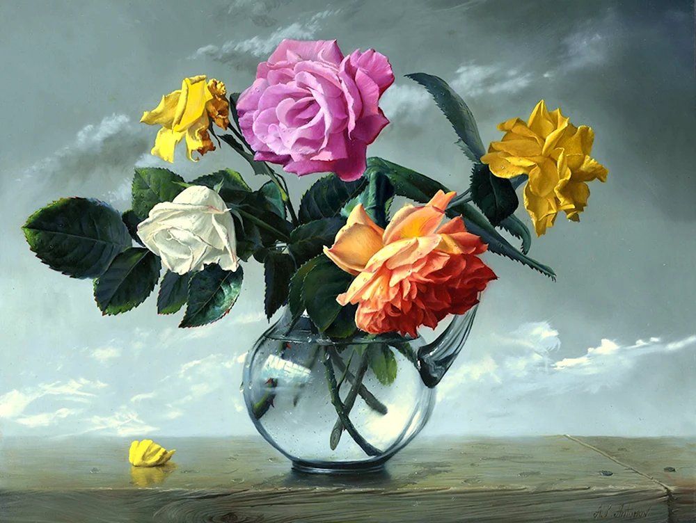 Ölstillleben von Künstler Alexei Antonov. Stillleben mit Blumen von Cary Ennis.