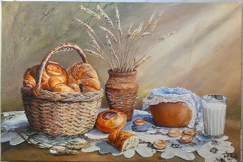 Stillleben mit Brot und Milch