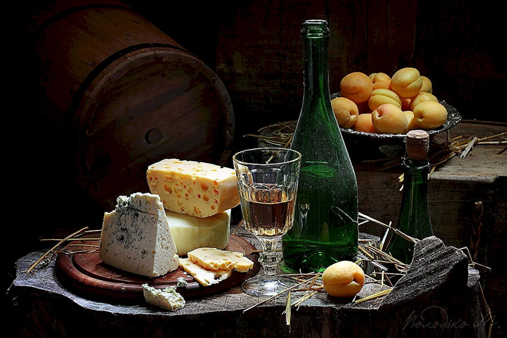 Wein- und Käsestillleben