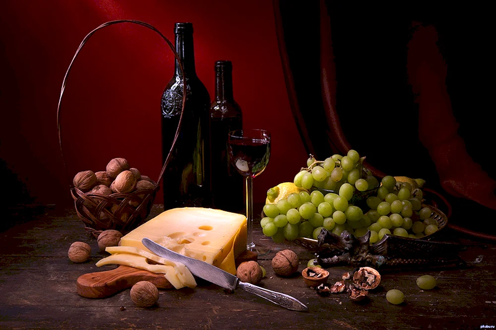 Wein- und Käsestilleben