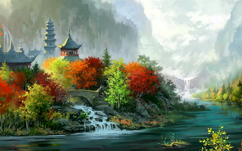 Chinesische Landschaftsmalerei Malerei Shanshui Chinesische Maler Berge Pagoda Landschaft Chinesische Malerei Landschaft im chinesischen Stil Landschaft im chinesischen Stil Japanisches Dojo Chinesische Malerei Shanshui Chinesische Maler Berge Hasui Kawase Künstler Huang Guofu Japanische traditionelle Sumi-e Malerei. e Malerei. Berg Fuji Sakura