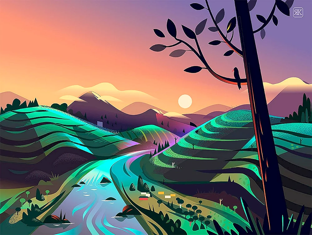 Linolschnitt-Landschaft mit Adobe Illustrator