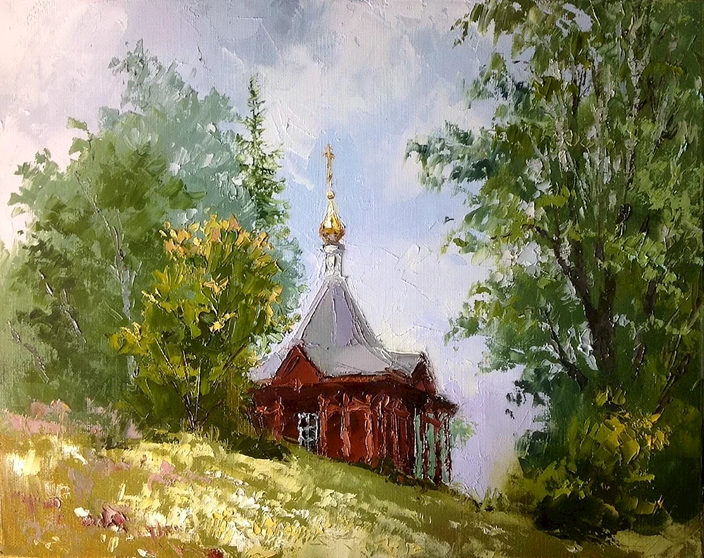 Landschaft mit Kirche Ölgemälde Bebia Wladimir
