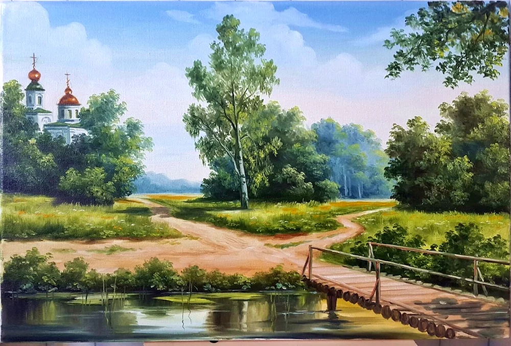 Eine Landschaft mit der Kirche in Öl Bebia Wladimir