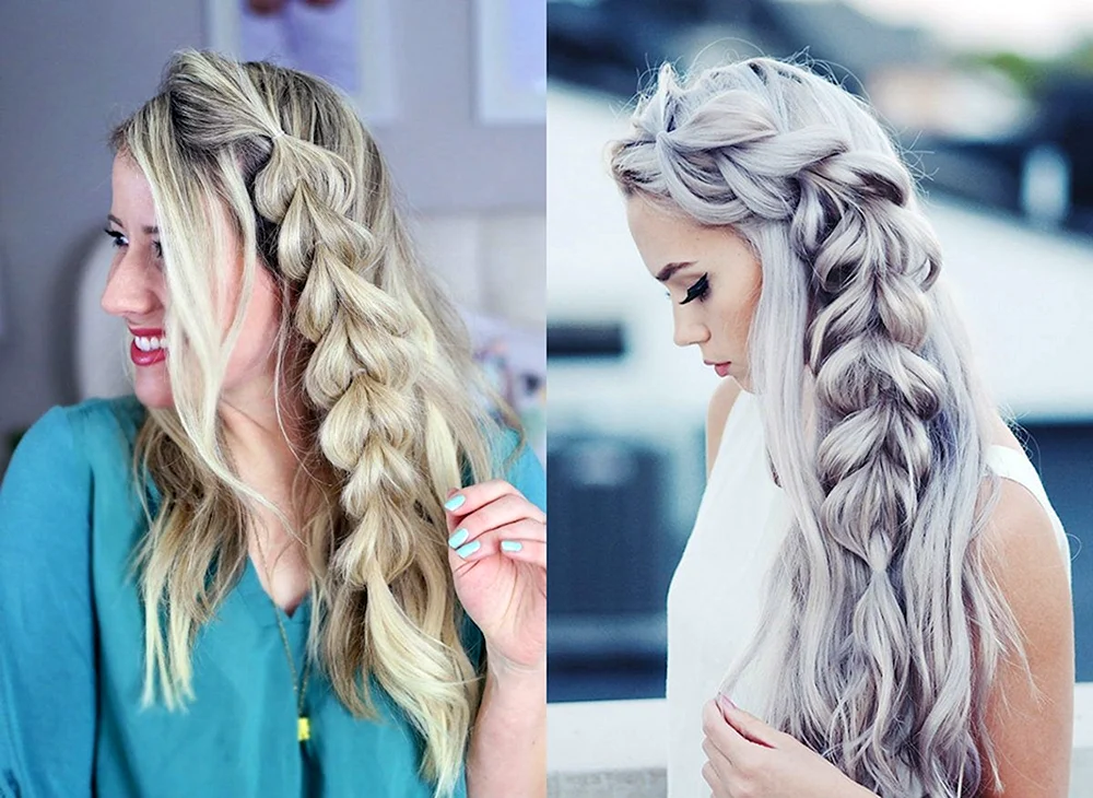 Haarschnitt mit zwei Zöpfen an den Seiten und losem Haar. Haare
