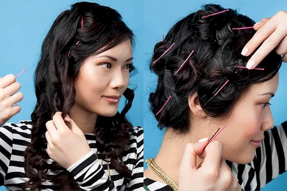 Haarstyling auf Lockenwicklern auf mittlerem Haar