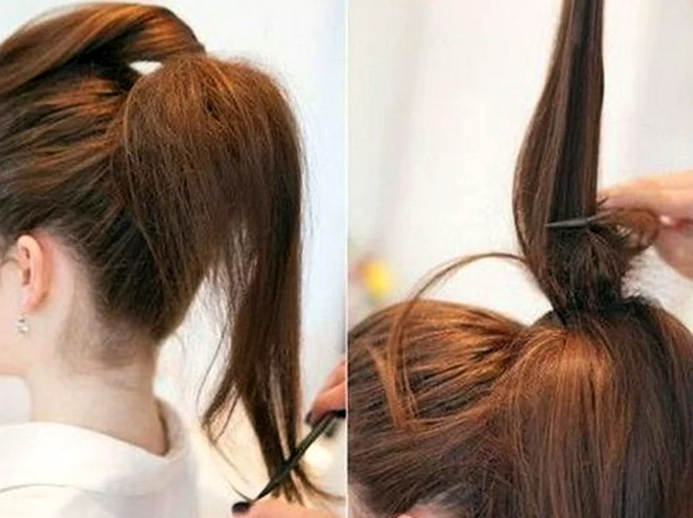 Muldenförmiger Pferdeschwanz oben mit losem Haar