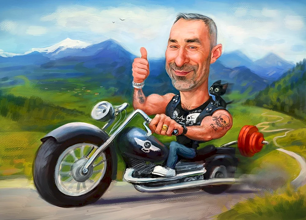 Eine Karikatur auf einem Motorrad