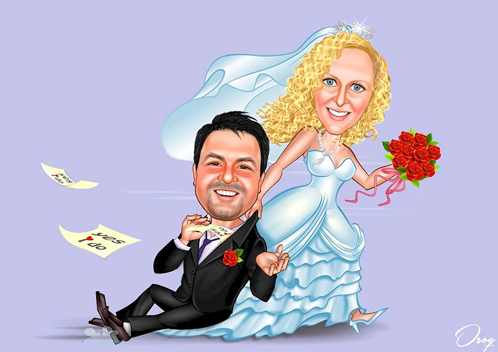 Eine Karikatur. Braut und Bräutigam