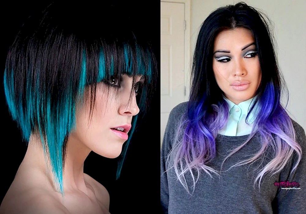 Blaue Strähnen auf dunklem Haar