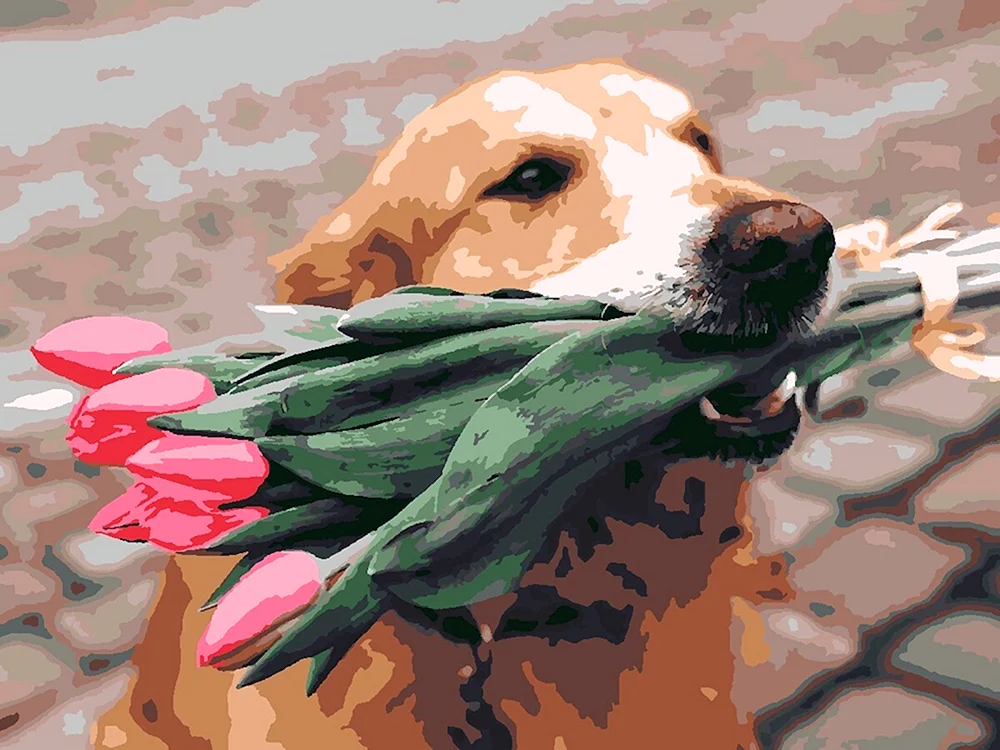 Hund mit Blumenstrauß