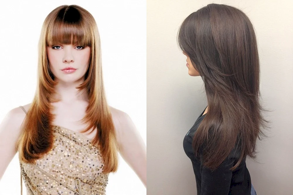 Cascade Haarschnitt für langes Haar mit Pony