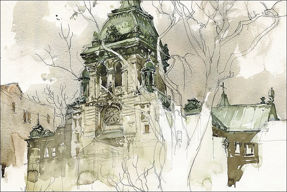 Sunga Park Architektur in Aquarell