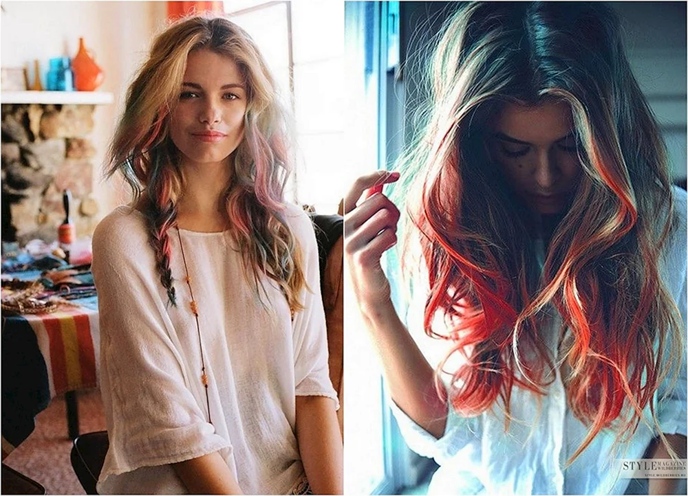 Farbige Haarspitzen auf dunklem Haar. Haare