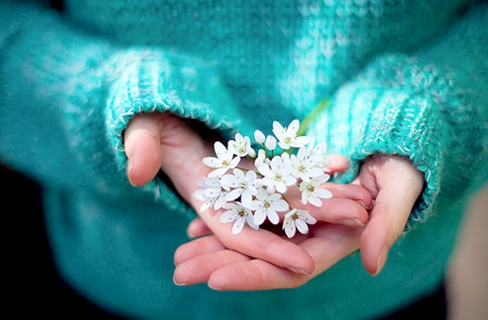 Blumen in ihren Handflächen