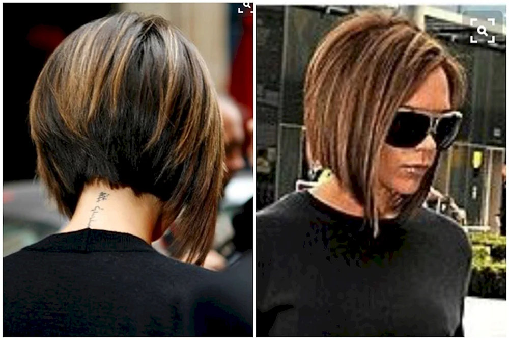 Bob-Kare-Haarschnitt mit kurzem Hinterkopf-Victoria Beckham-Kare-Gradirovannoe Bobo-Kare-Haarschnitt