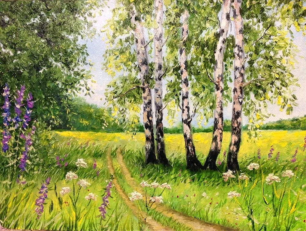 Birkenwald in der Malerei Lukijanow Birkenhain Gemälde von Elena Samarskaja Derewentschuk Birkenhain Gemälde von Iwan Bunin Birkenhain Landschaft mit Birken Simonow drei Birken Birken Birkenhain Wladimir Tschernow Gemälde Samarskaja Elena Michailowna Malerei